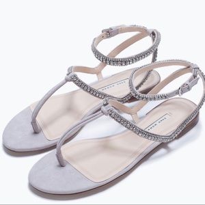 Zara Grey Jeweled Flat Sandals Sz 38